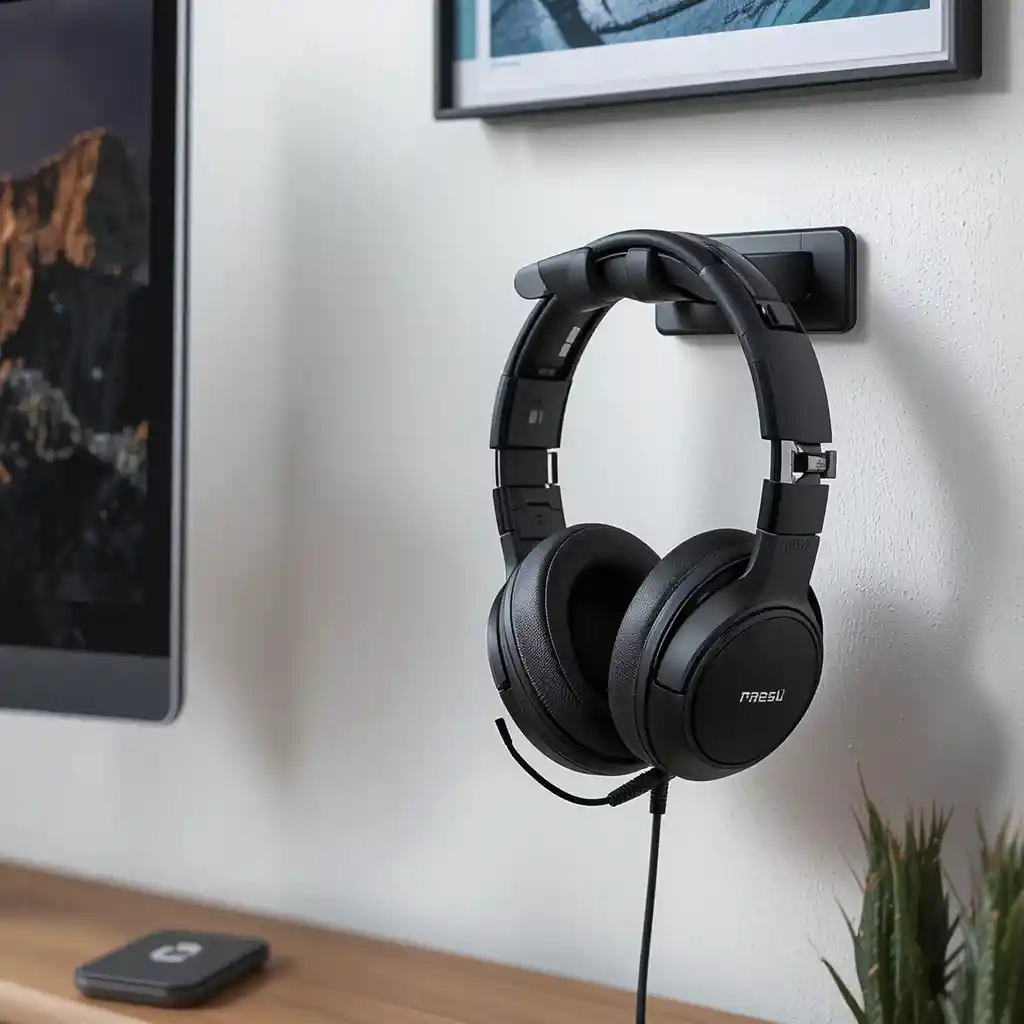 A headphone mounted on a wall, a creative placement idea