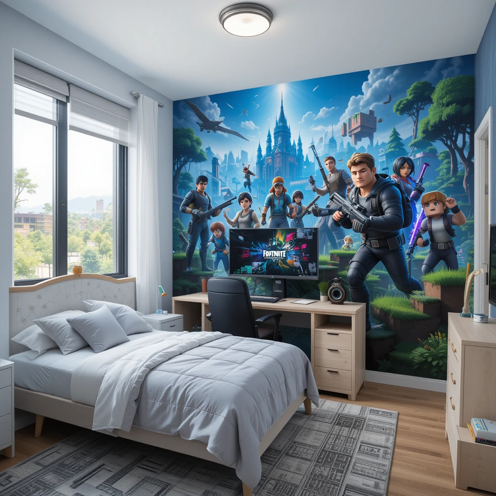 Kids Gaming Bedroom Gaming wallpaper in a bedroom with gaming desk. Kids gaming bedroom design idea