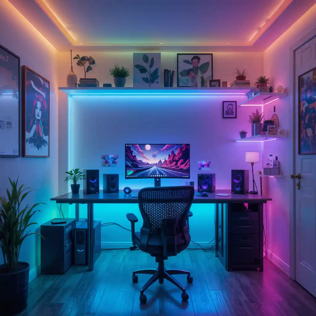 Gaming Room Design Ideas A colorful gaming room design showcasing a desk and a computer monitor surrounded by bright neon lighting