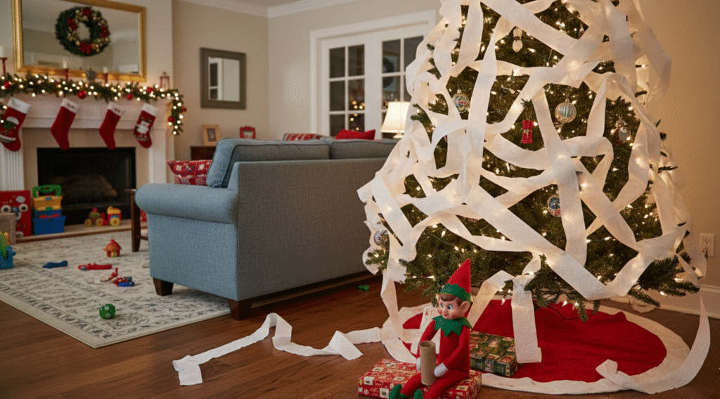 Elf on the Shelf idea - Tping the Christmas Tree