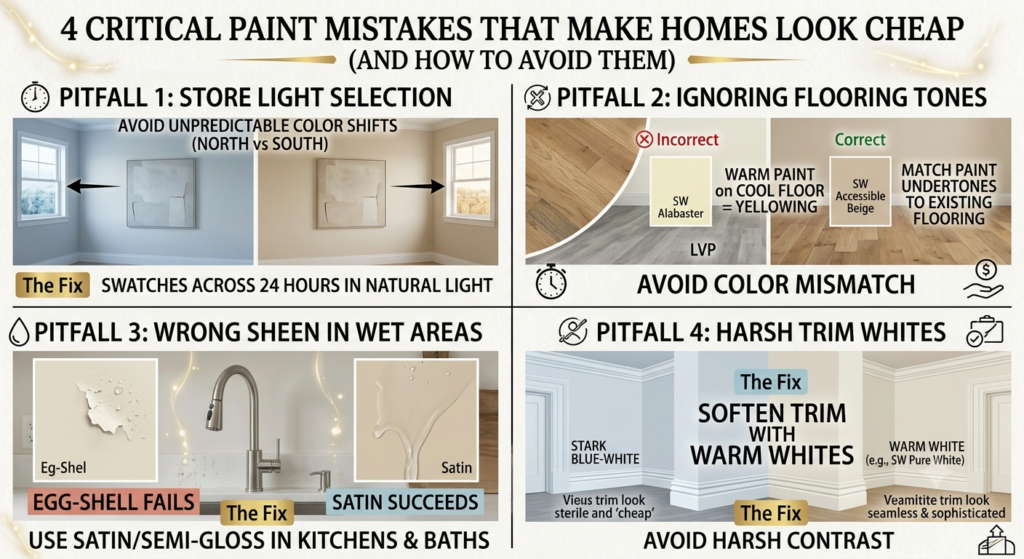 A 4-panel infographic outlining common interior paint mistakes—lighting changes, undertone mismatches, wrong sheen, and harsh trim—paired with visual examples and easy solutions.