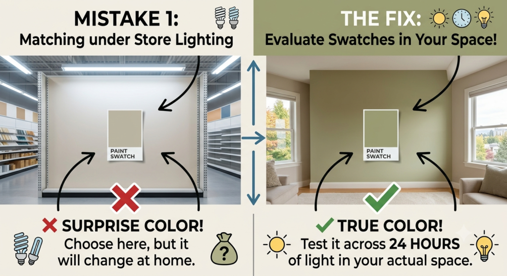 Selecting color for your home in store light is a mistake