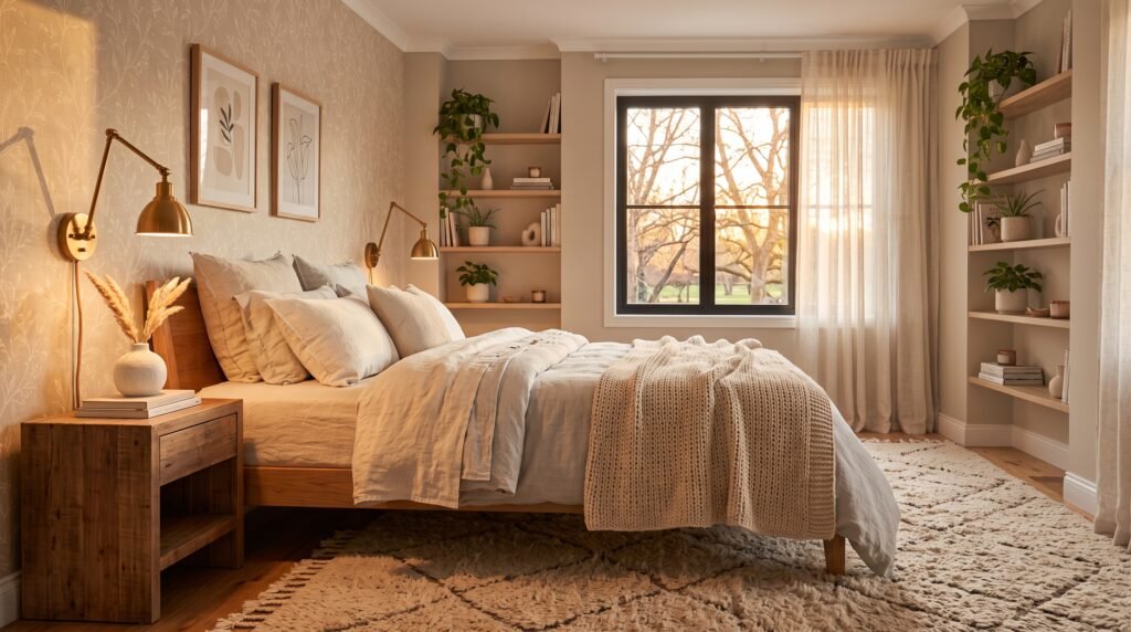 Modern aesthetic apartment bedroom with peel-and-stick accent wall, warm pendant light, and cozy neutral bedding.