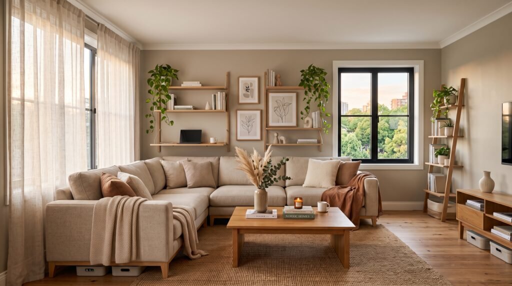 Small studio apartment room setup showing floating shelves, vertical storage, and light oak wood furniture maximizing floor space.