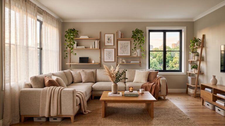 Small studio apartment room setup showing floating shelves, vertical storage, and light oak wood furniture maximizing floor space.