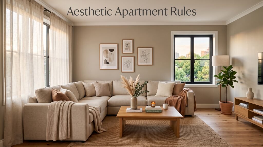 Aesthetic apartment living room featuring a warm beige sofa, warm floor lamp lighting, neutral throw pillows, and minimalist wall art.