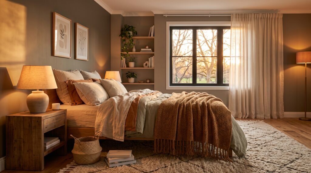Cozy apartment bedroom with ambient warm lighting, layered linen bedding, plush throw blankets, and a wooden bedside table.