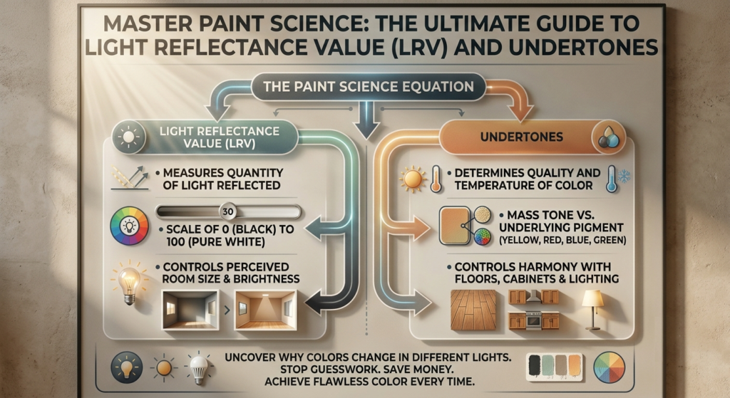 Framed infographic on a wall titled "Master Paint Science: Guide to LRV and Undertones", showing a diagram comparing Light Reflectance Value and Undertones with paint swatches and lighting icons.