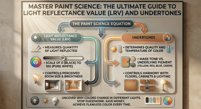 Framed infographic on a wall titled "Master Paint Science: Guide to LRV and Undertones", showing a diagram comparing Light Reflectance Value and Undertones with paint swatches and lighting icons.