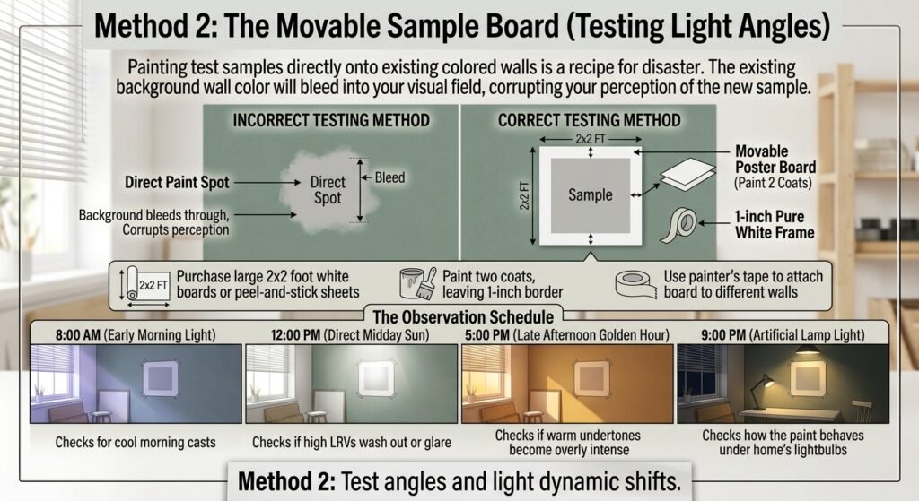 Image describing how to test light angles by using movable sample board to decide paint for your rooms