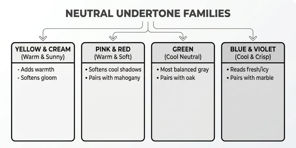 Image describing neutral undertone families in four groups - Yellow and Cream - Pink and Red - Green and Blue and Violet