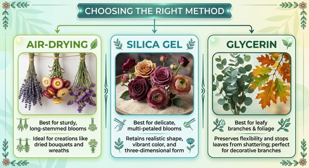 A clean, visual flowchart infographic titled "CHOOSING THE RIGHT METHOD" displayed at the top in an elegant dark green banner. Below the main title, directional arrows branch out into three distinct, vertical card columns set against a light botanical-patterned background: AIR-DRYING (Left Column): Visual: Shows bundles of lavender and colorful dried flowers hung upside down by twine. Main Text: "Best for sturdy, long-stemmed blooms" Supporting Text: "Ideal for creations like dried bouquets and wreaths" SILICA GEL (Middle Column): Visual: Features delicate, fully-opened roses in dusty pink and champagne tones resting gracefully in fine silica powder inside a container. Main Text: "Best for delicate, multi-petaled blooms" Supporting Text: "Retains realistic shape, vibrant color, and three-dimensional form" GLYCERIN (Right Column): Visual: Highlights fresh green eucalyptus stems and vibrant autumn oak leaves with intact moisture and luster. Main Text: "Best for leafy branches & foliage" Supporting Text: "Preserves flexibility and stops leaves from shattering; perfect for decorative branches"