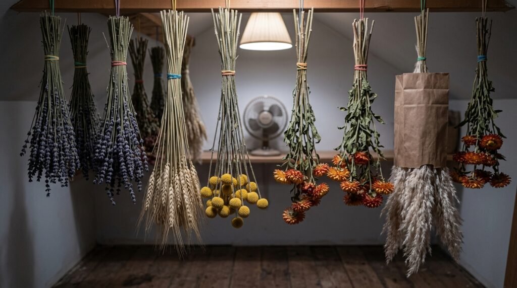 A highly detailed, realistic photograph set inside a clean, slightly cool, and very dim storage room or attic, capturing the air-drying process. Multiple bundles of sturdy-stemmed flowers are suspended upside down from a wooden beam near the ceiling, secured with colorful rubber bands. These bundles include dried purple lavender, sturdy wheat stalks, globe amaranth, and some of the orange strawflowers and pampas grass seen