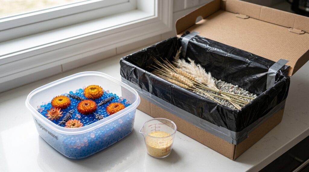 A detailed photograph set on a clean kitchen counter, bathed in soft, diffused light. The scene focuses on the silica gel drying process. A clear plastic Tupperware container holds bright blue indicator silica gel beads (some pinkish ones indicating moisture), surrounding several vibrant, orange strawflowers and deep purple lavender buds